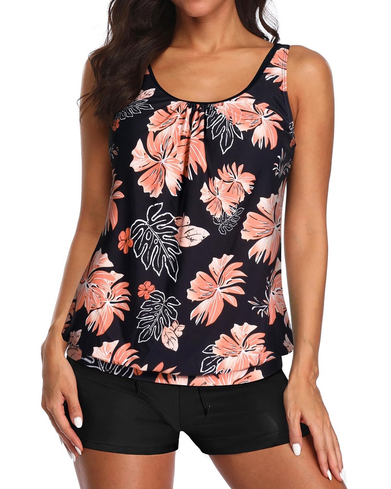 Aqua Eve Two Piece Women's Tankini Swimsuits Blouson Swim Tank Top with Shorts Modest Bathing Suits Black Floral XL - Image 4