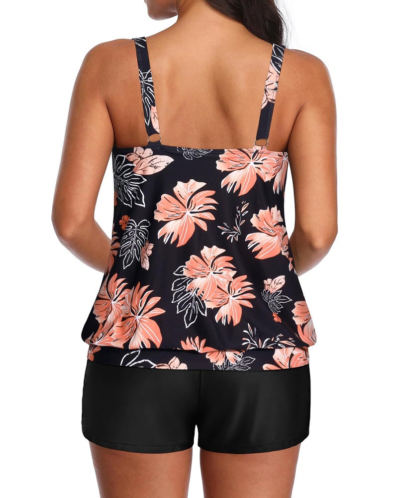 Aqua Eve Two Piece Women's Tankini Swimsuits Blouson Swim Tank Top with Shorts Modest Bathing Suits Black Floral XL - Image 2