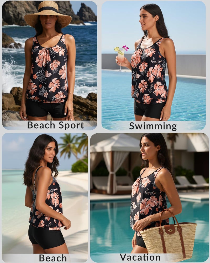 Aqua Eve Two Piece Women's Tankini Swimsuits Blouson Swim Tank Top with Shorts Modest Bathing Suits Black Floral XL - Image 5