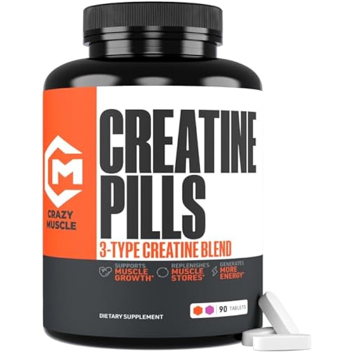 Crazy Muscle Creatine Pills 5g 3X Pure Creatine Monohydrate Pre Workout Muscle Mass Gainer High Absorption ThreeAtine Performance Men Women Tablets - 30 servings - Image 1