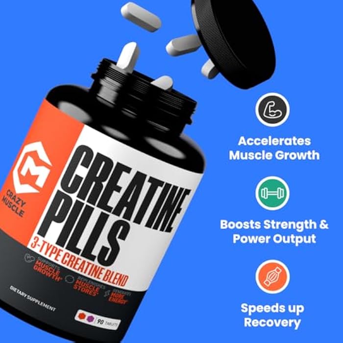 Crazy Muscle Creatine Pills 5g 3X Pure Creatine Monohydrate Pre Workout Muscle Mass Gainer High Absorption ThreeAtine Performance Men Women Tablets - 30 servings - Image 2