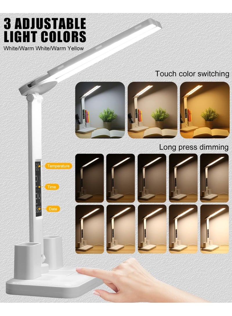 مصباح مكتب LED بذراع متارجح مزدوج مصباح مكتب بذراع مزدوج مع 3 مستويات سطوع للتحكم باللمس، مصباح قراءة مع حاملي قلم، مصباح طاولة LED للدراسة - Image 3
