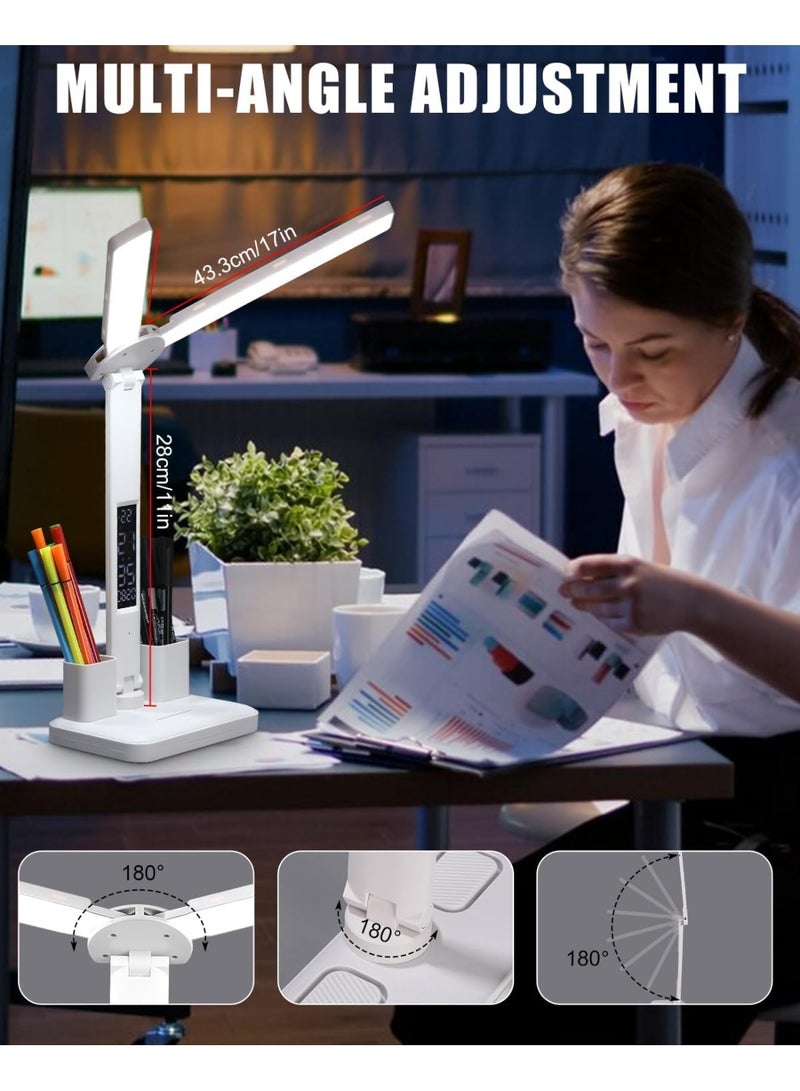 مصباح مكتب LED بذراع متارجح مزدوج مصباح مكتب بذراع مزدوج مع 3 مستويات سطوع للتحكم باللمس، مصباح قراءة مع حاملي قلم، مصباح طاولة LED للدراسة - Image 4