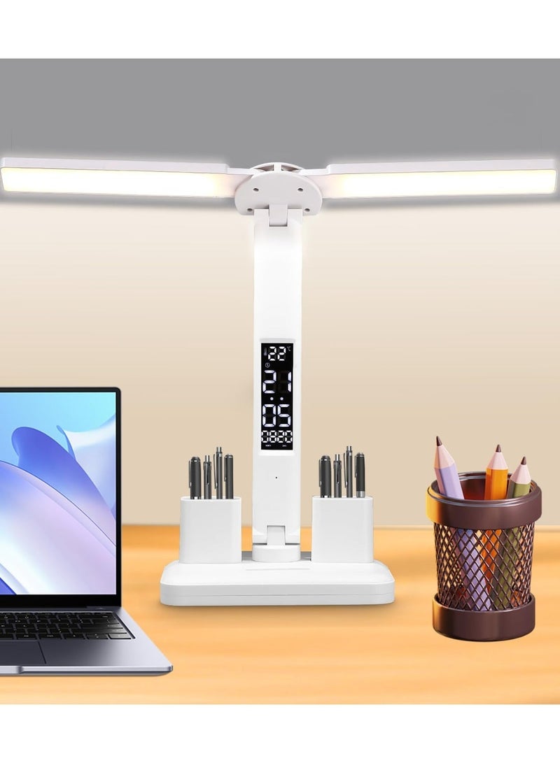 مصباح مكتب LED بذراع متارجح مزدوج مصباح مكتب بذراع مزدوج مع 3 مستويات سطوع للتحكم باللمس، مصباح قراءة مع حاملي قلم، مصباح طاولة LED للدراسة - Image 1