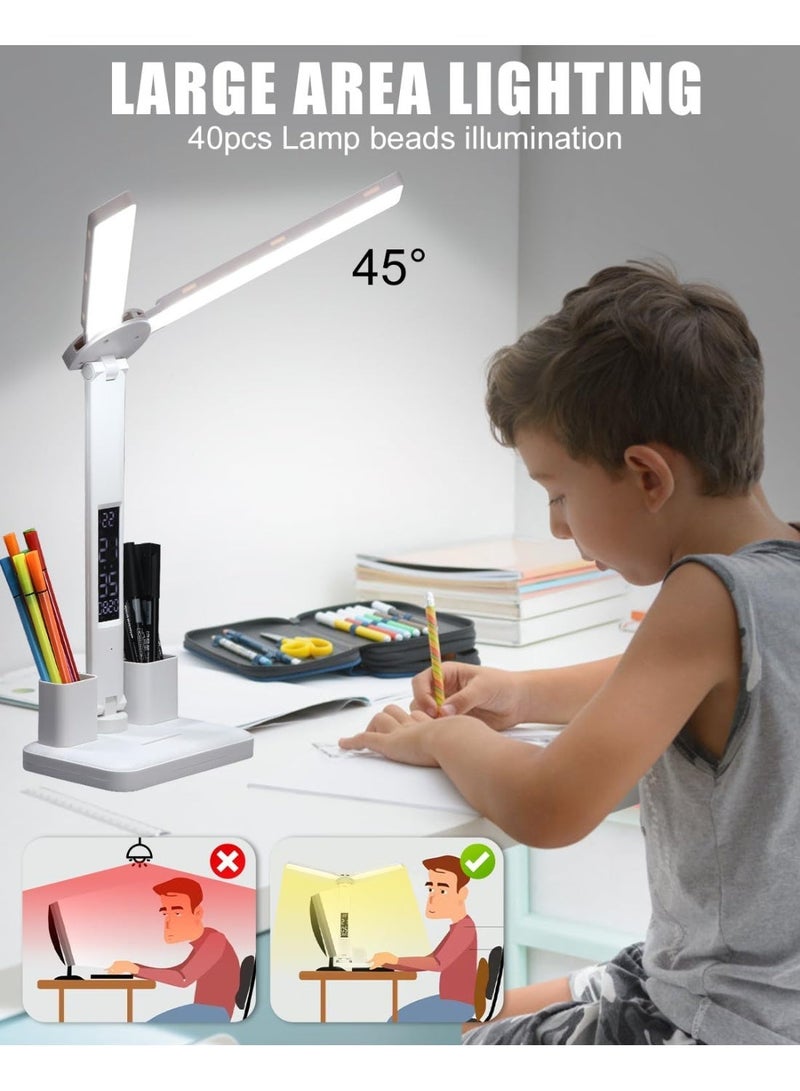 مصباح مكتب LED بذراع متارجح مزدوج مصباح مكتب بذراع مزدوج مع 3 مستويات سطوع للتحكم باللمس، مصباح قراءة مع حاملي قلم، مصباح طاولة LED للدراسة - Image 2