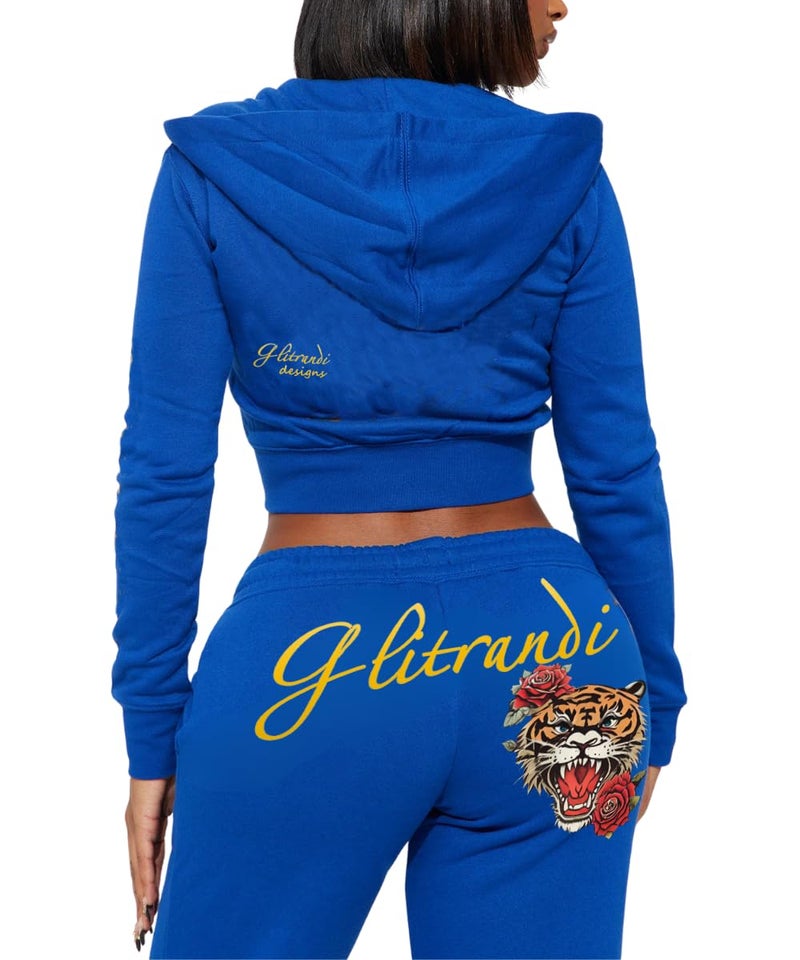 Glitrandi Womens 2 Piece Outfits Fashion Print Cropped Hoodies Jacket Sweatpants With Pockets Tracksuit For Women - Image 2