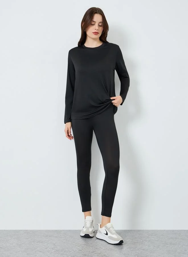 ستايلي طقم تي شيرت بأكمام طويلة وسروال ضيق بخصر مرتفع