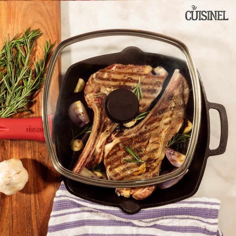 Cuisinel Cast Iron Square Grill Pan + Glass Lid + Pan Scraper + Handle Cover - 10.5" Pre-Seasoned Ridged Skillet - Grill, Stovetop, Fire, Indoor/Outdoor Use - for Grilling, Frying, Sauteing - Image 5