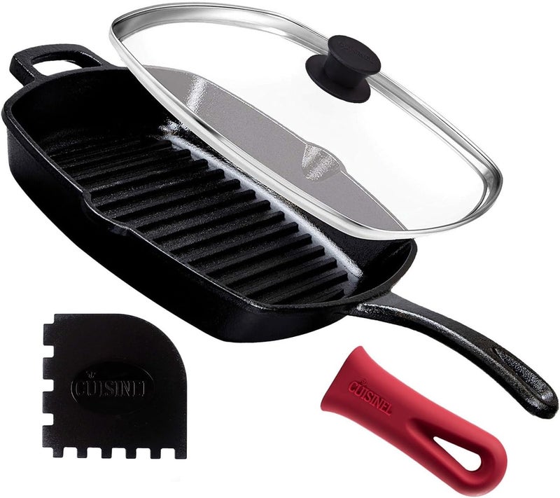 Cuisinel Cast Iron Square Grill Pan + Glass Lid + Pan Scraper + Handle Cover - 10.5" Pre-Seasoned Ridged Skillet - Grill, Stovetop, Fire, Indoor/Outdoor Use - for Grilling, Frying, Sauteing - Image 1