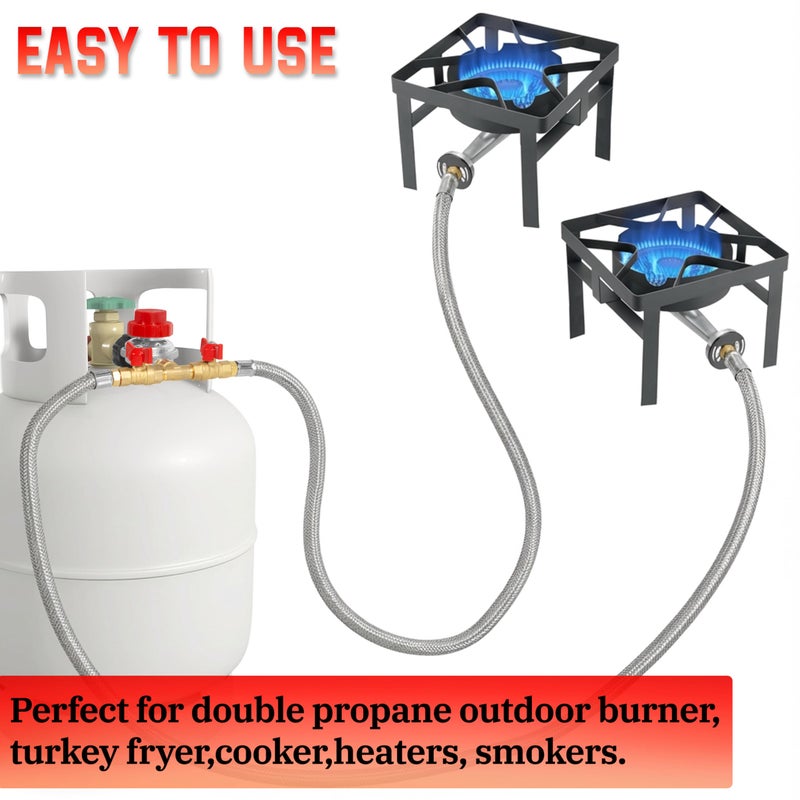 Feirenql 0-20 PSI Adjustable High Pressure Propane Regulator - 8FT Double Stainless Braided Y Splitter Hose with 1/8" MNPT Fitting, for 5lb-20lb Propane Tanks, Outdoor Burner, Turkey Fryer, Cooker - Image 3