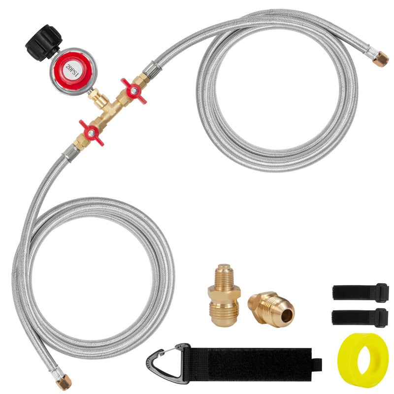 Feirenql 0-20 PSI Adjustable High Pressure Propane Regulator - 8FT Double Stainless Braided Y Splitter Hose with 1/8" MNPT Fitting, for 5lb-20lb Propane Tanks, Outdoor Burner, Turkey Fryer, Cooker - Image 1