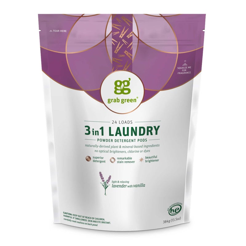 Grab Green 3-in-1 Laundry Detergent Pods, 24 Count, Lavender Vanilla Scent, Plant and Mineral Based, Superior Cleaning Power, Stain Remover, Brightens Clothes - Image 1