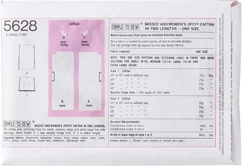 Simplicity UV5628OS 1970's Vintage Fashion Women's Caftan Sewing Pattern Kit, Code 5628, Sizes 8-40 - Image 2