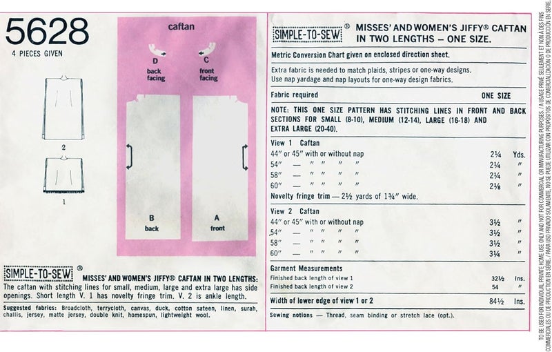 Simplicity UV5628OS 1970's Vintage Fashion Women's Caftan Sewing Pattern Kit, Code 5628, Sizes 8-40 - Image 3