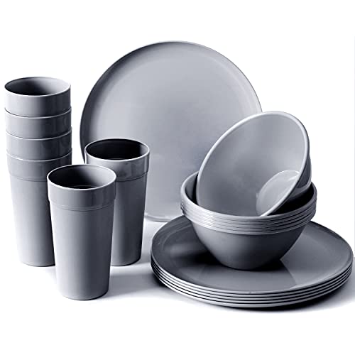 Youngever 18Piece Plastic Kitchen Dinnerware Set Plates Dishes Bowls Cups Service for 6 Dark Grey