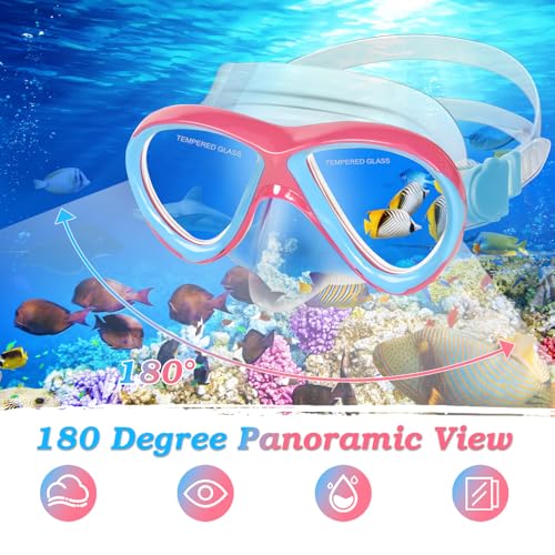 ACQCES Snorkeling Gear for Kids Ages 5-15, 4 in 1 Mask Fins Snorkel Set with HD Tempered Glass Panoramic View Anti-Fog Mask, Dry Top Snorkel, Adjustable Trek Fins, and Mesh Bag, Kids Snorkel Set for Youth - Image 3