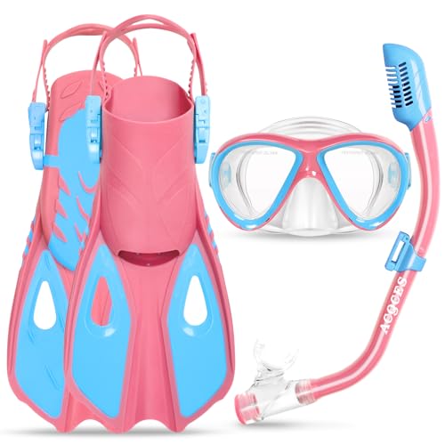 ACQCES Snorkeling Gear for Kids Ages 5-15, 4 in 1 Mask Fins Snorkel Set with HD Tempered Glass Panoramic View Anti-Fog Mask, Dry Top Snorkel, Adjustable Trek Fins, and Mesh Bag, Kids Snorkel Set for Youth - Image 1