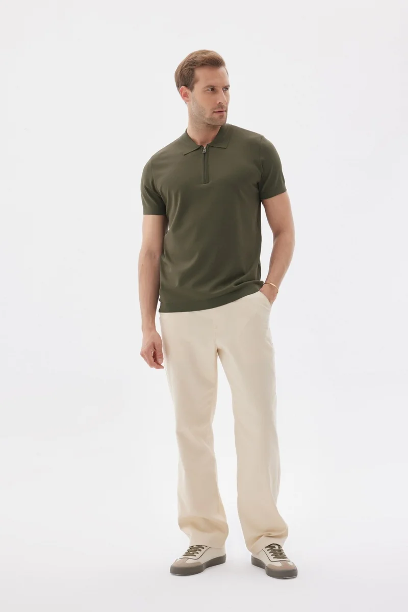 اوديلون Limited Men's Plain Zipper Polo Collar Rayon Knitwear T-Shirt Khaki