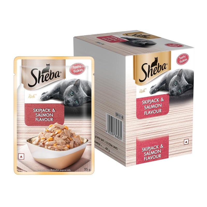Sheba طعام قطط شيفا ريتش بريميوم للبالغين (1+ سنوات) رطب، بنكهة سمك سكيب جاك والسلمون، 35 جرام كيس (عبوة من 12) - Image 1