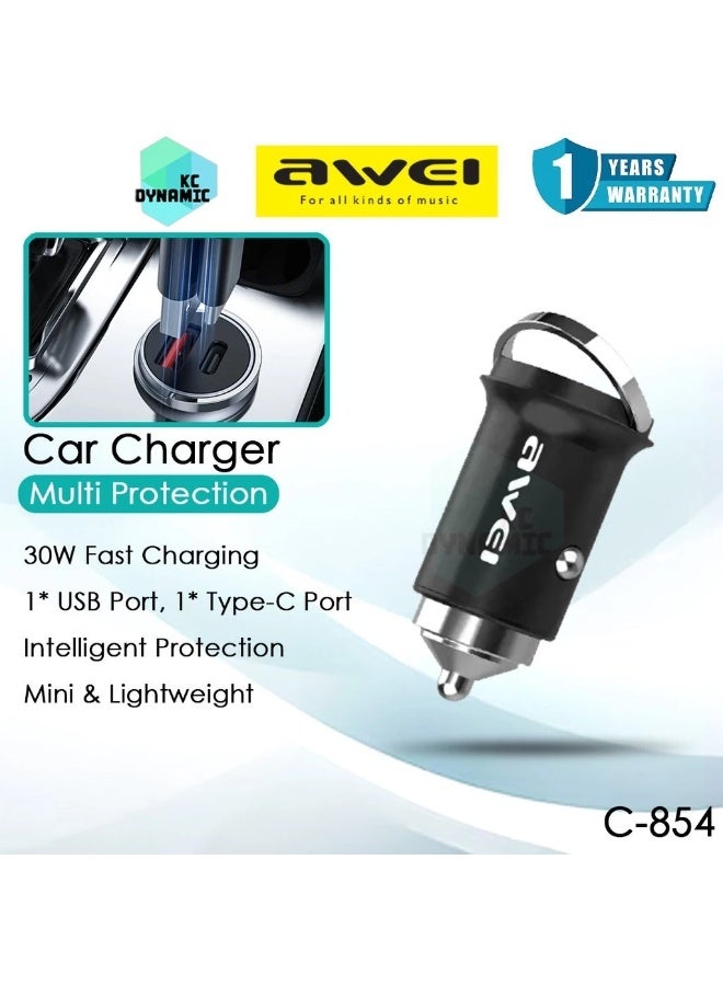 Awei C-854 Smart Car Charger 30W Fast Charging Car Charger Dual Port Mini Size Pengecas Kereta Awei Car Charger - Image 3
