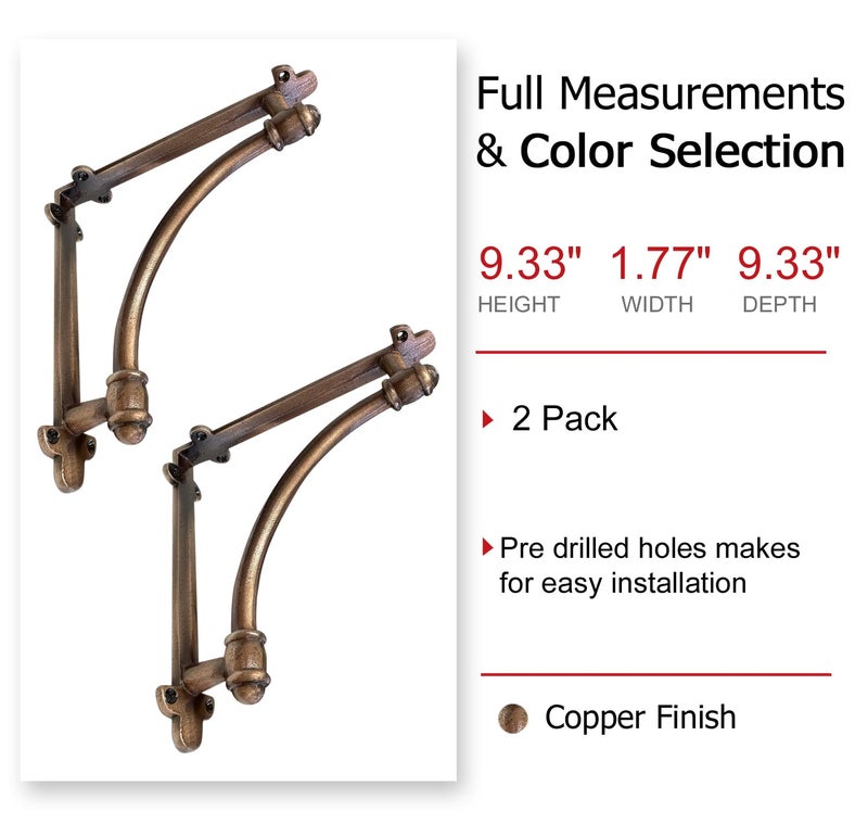 NACH Decorative Shelf Brackets, 2 Pack of 9.6 x 1.7 x 9.6 inch Copper Cast Iron Shelf Brackets - Decorative Brackets for Mounting - Industrial Style Brackets - Image 4