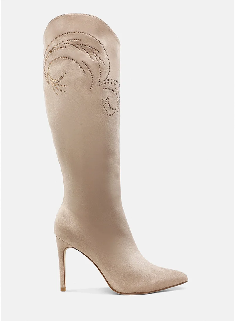 London Rag Rhinestone Patterned Calf Boots in Beige