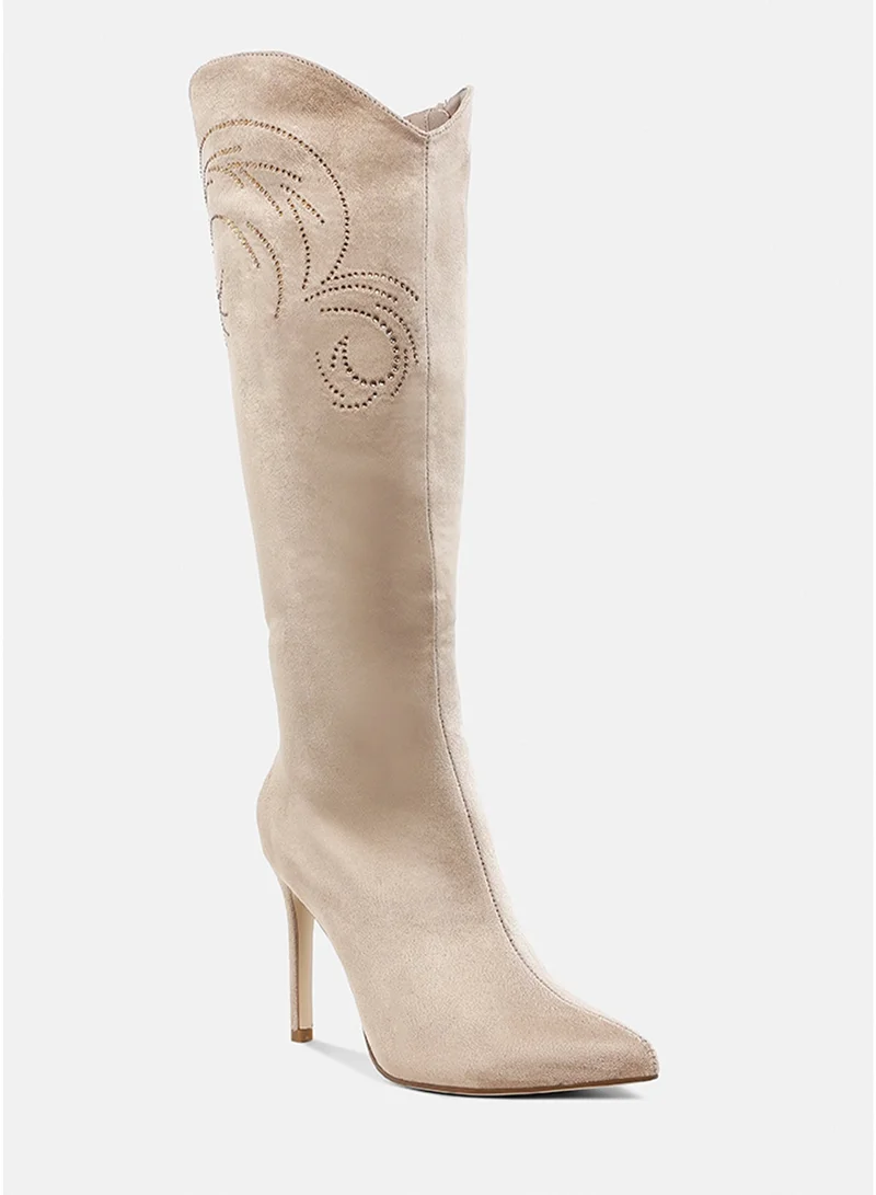 London Rag SH5088_BEIGE London Rag Rhinestone Patterned Calf Boots in Beige for Women | Best Price UAE