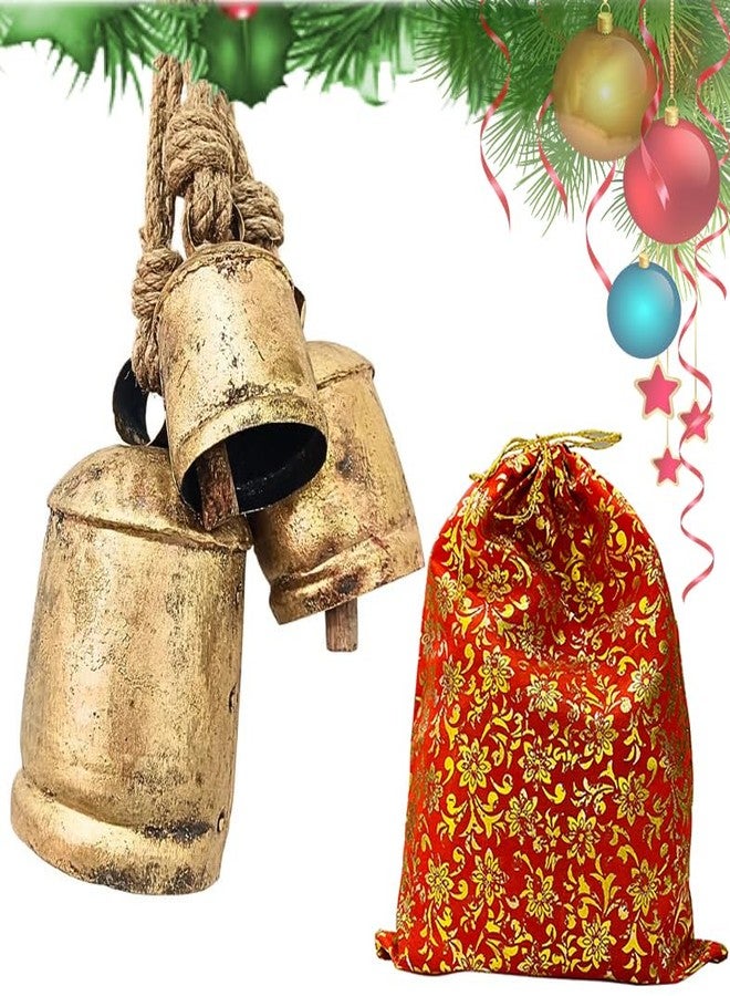 MAI Set of 3 Giant Harmony Metal Cow Bells Huge Vintage Handmade Rustic Christmas Hanging Tibetan Inspired with Jute Hanging Rope. - Image 1