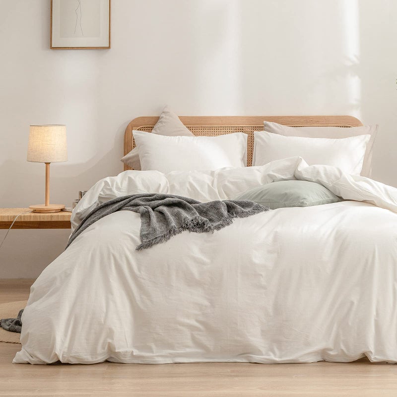 BESTOUCH Duvet Cover Set 100 Washed Cotton Linen Feel Super Soft Comfortable Chic Lightweight 3 PCs Home Bedding Set Solid Off White FullDouble