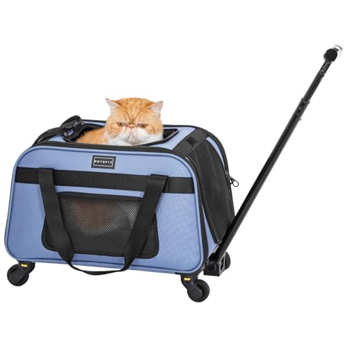 Petsfit Pet Carrier with Wheels Rolling Cat Carrier for Small Cats Airline Approved Pet Carrier with Telescopic Handle Perfect for Travelling Under 13lbBlue - Image 1