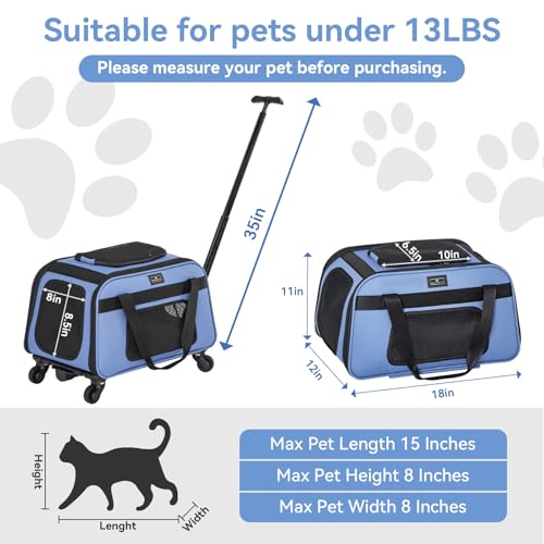 Petsfit Pet Carrier with Wheels Rolling Cat Carrier for Small Cats Airline Approved Pet Carrier with Telescopic Handle Perfect for Travelling Under 13lbBlue - Image 3