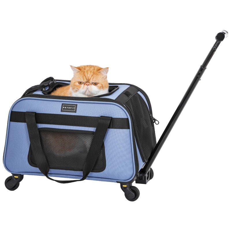 Petsfit Pet Carrier with Wheels Rolling Cat Carrier for Small Cats Airline Approved Pet Carrier with Telescopic Handle Perfect for Travelling Under 13lbBlue - Image 2