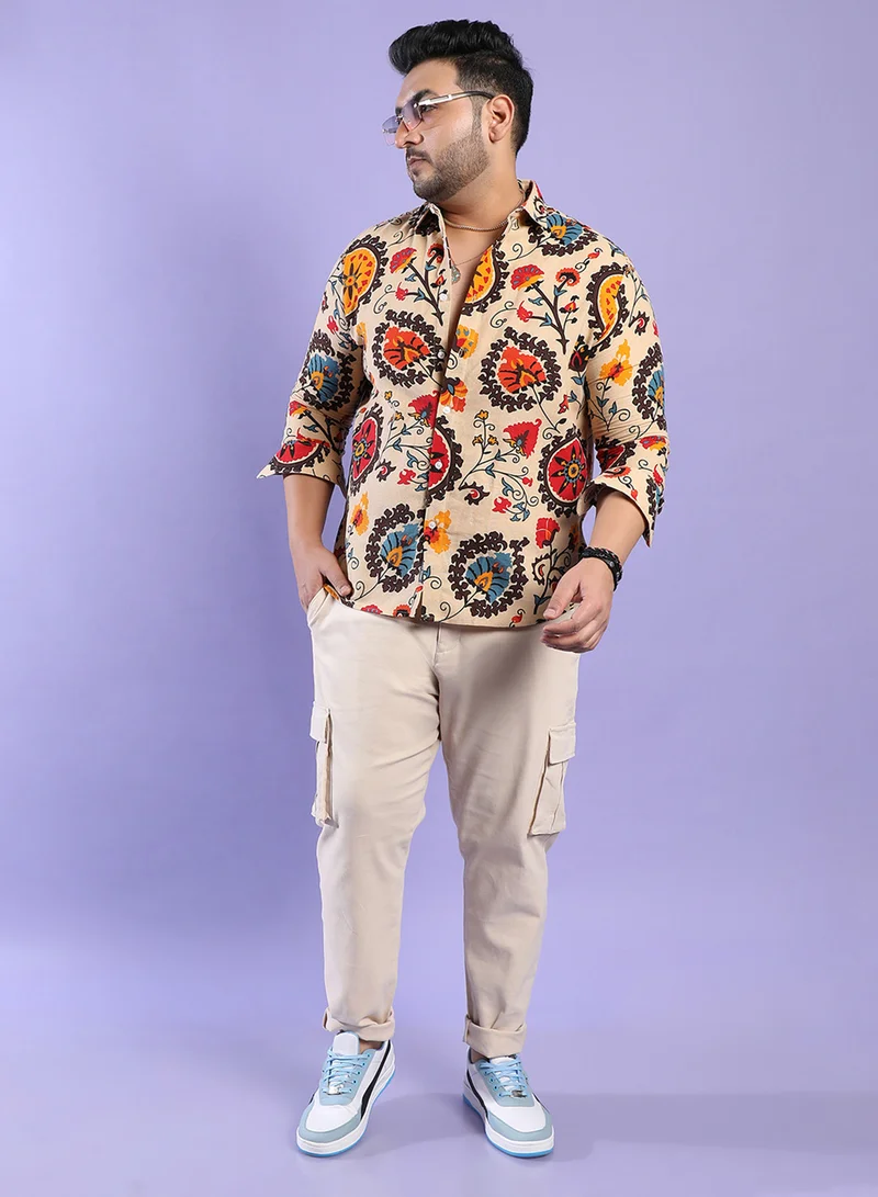 Instafab Plus Instafab Plus Men's Multicolour Ethnic Floral Shirt For Casual Wear | Spread Collar | Long Sleeve | Button Closure | Cotton Shirt Crafted With Comfort Fit For Everyday Wear