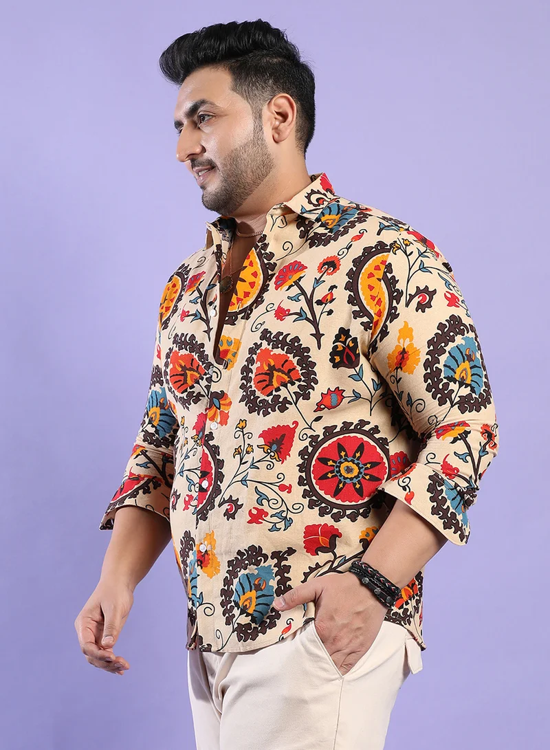 Instafab Plus Instafab Plus Men's Multicolour Ethnic Floral Shirt For Casual Wear | Spread Collar | Long Sleeve | Button Closure | Cotton Shirt Crafted With Comfort Fit For Everyday Wear
