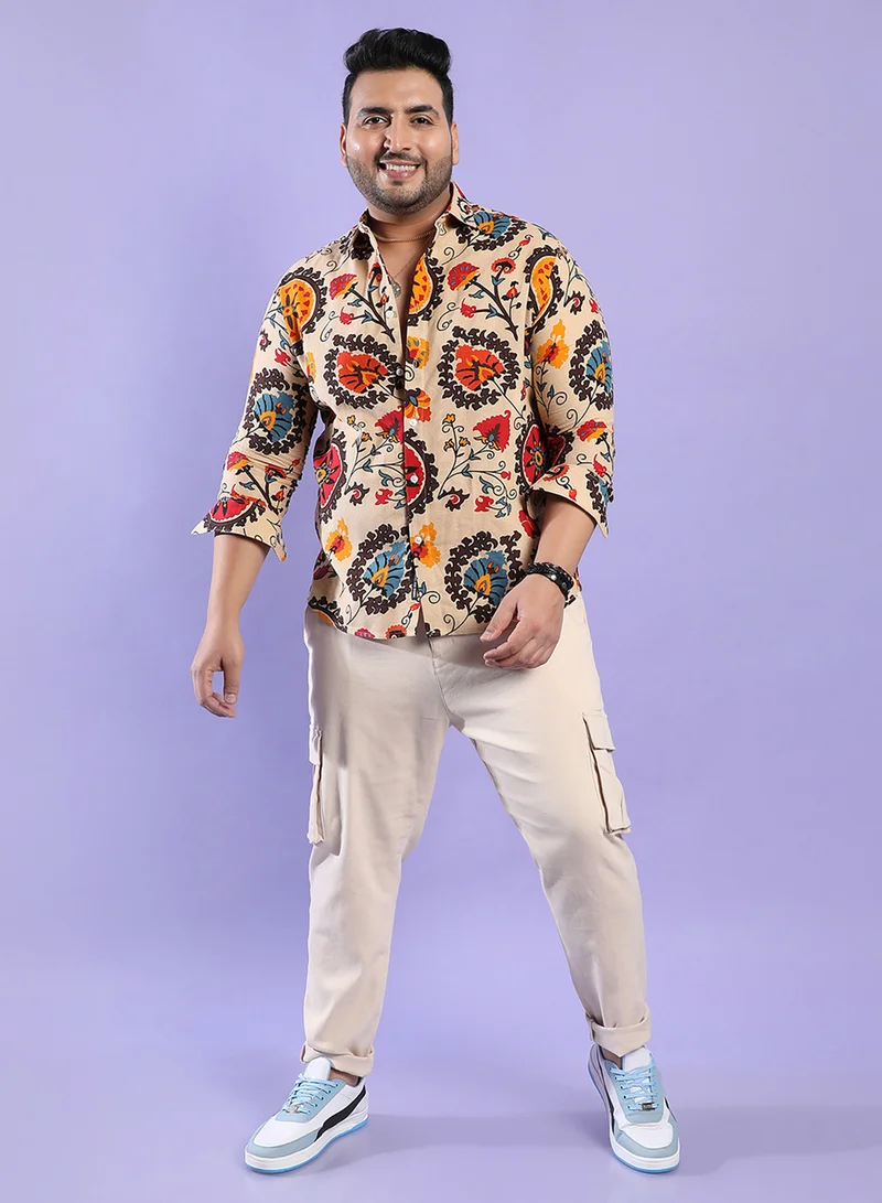 Instafab Plus Instafab Plus Men's Multicolour Ethnic Floral Shirt For Casual Wear | Spread Collar | Long Sleeve | Button Closure | Cotton Shirt Crafted With Comfort Fit For Everyday Wear