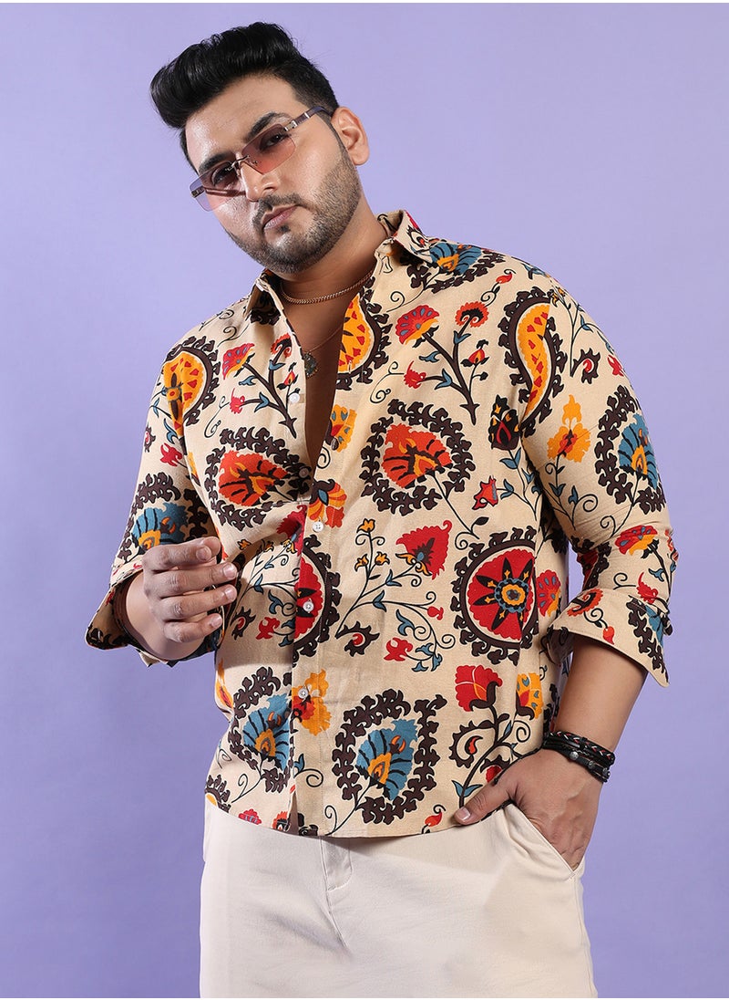 Instafab Plus Instafab Plus Men's Multicolour Ethnic Floral Shirt For Casual Wear | Spread Collar | Long Sleeve | Button Closure | Cotton Shirt Crafted With Comfort Fit For Everyday Wear  - Image 1