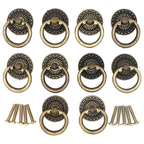 LXZ 10 PCs Vintage Antique Brass Ring Pulls Handles for Cabinet Drawer - Image 1