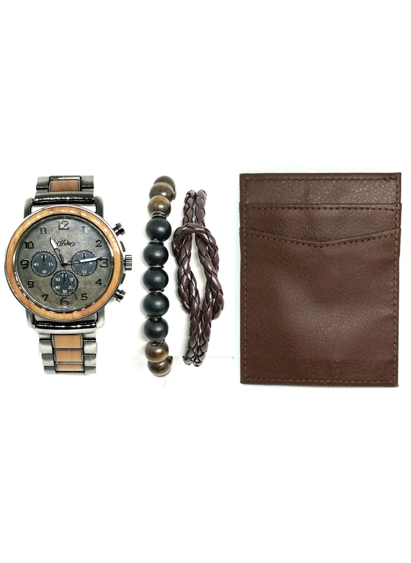 موسيمو Mossimo Men's Watch with 2 Bracelet and Brown Card Wallet Set  Gun Metal Steel 9850S-42-F28
