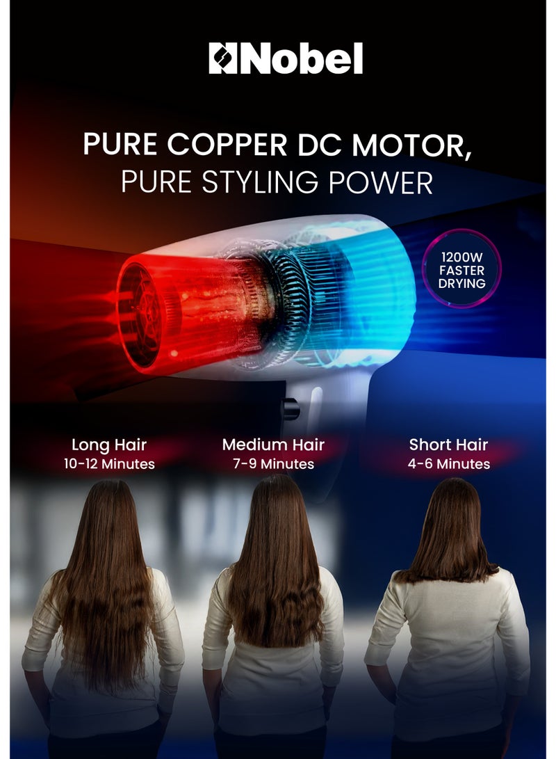 Nobel مجفف شعر نوبل 200 واط مع محرك تيار مستمر نحاسي نقي تجفيف سريع، حماية من السخونة الزائدة، زر بارد، سرعات متعددة وإعدادات حرارة NHDW1250 - Image 4