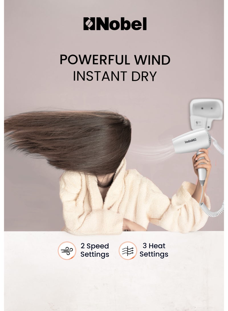 Nobel مجفف شعر نوبل 200 واط مع محرك تيار مستمر نحاسي نقي تجفيف سريع، حماية من السخونة الزائدة، زر بارد، سرعات متعددة وإعدادات حرارة NHDW1250 - Image 5