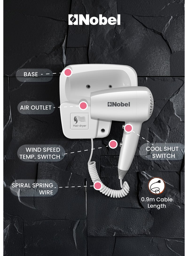 Nobel مجفف شعر نوبل 200 واط مع محرك تيار مستمر نحاسي نقي تجفيف سريع، حماية من السخونة الزائدة، زر بارد، سرعات متعددة وإعدادات حرارة NHDW1250 - Image 3