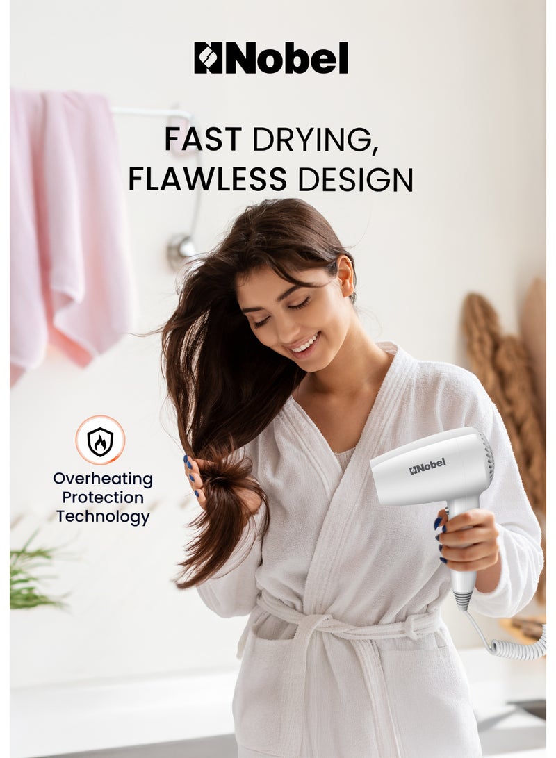Nobel مجفف شعر نوبل 200 واط مع محرك تيار مستمر نحاسي نقي تجفيف سريع، حماية من السخونة الزائدة، زر بارد، سرعات متعددة وإعدادات حرارة NHDW1250 - Image 2