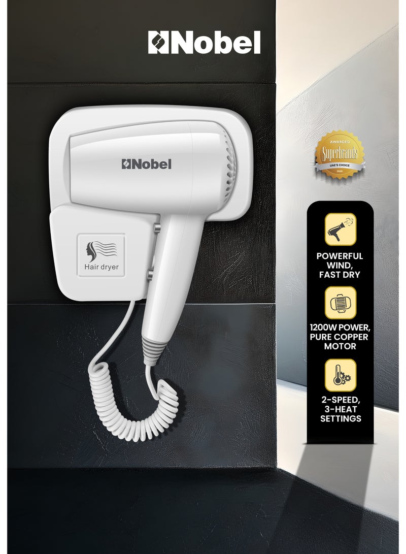 Nobel مجفف شعر نوبل 200 واط مع محرك تيار مستمر نحاسي نقي تجفيف سريع، حماية من السخونة الزائدة، زر بارد، سرعات متعددة وإعدادات حرارة NHDW1250 - Image 1