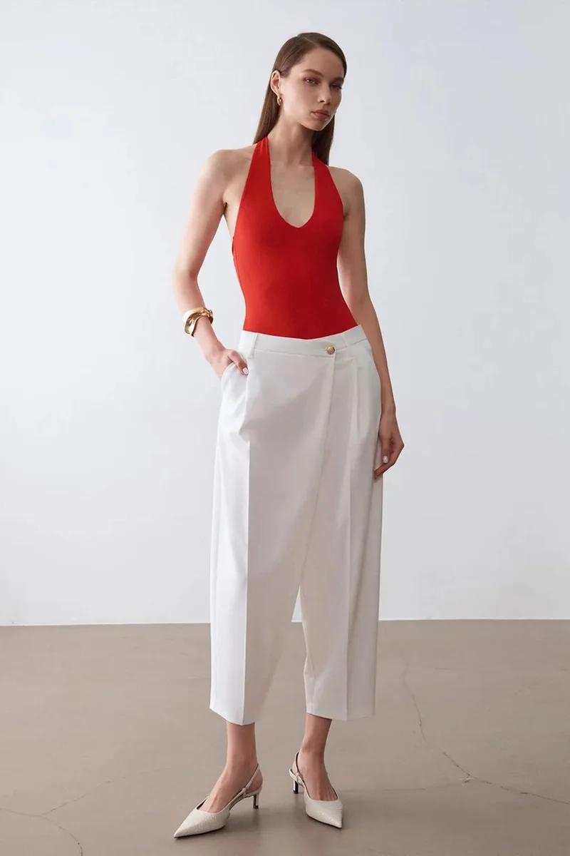 Dilvin White DILVIN High-Waist Wide-Leg Crepe Trousers for Women | Best Price UAE