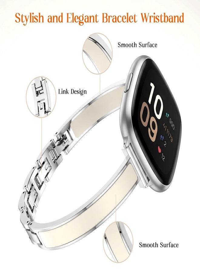 Mosonio Slim Elegant Band Compatible with Fitbit Versa 4/Versa 3/Sense 2/Sense for Women, Dressy Metal Bands with Embedded Silicone Accents and Easy-adjust Link Clasps for Daily Wear (Silver + Light Beige) - Image 3