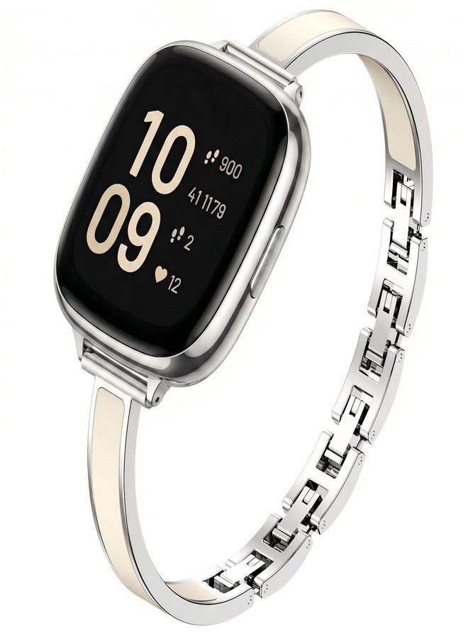 Mosonio Slim Elegant Band Compatible with Fitbit Versa 4/Versa 3/Sense 2/Sense for Women, Dressy Metal Bands with Embedded Silicone Accents and Easy-adjust Link Clasps for Daily Wear (Silver + Light Beige) - Image 1