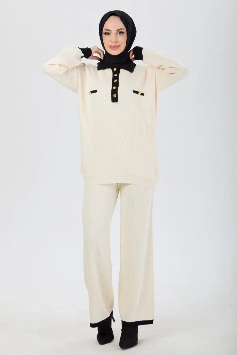 Tofisa 24220-CREAM Metal Button Detailed Tunic Trousers Knitwear Set