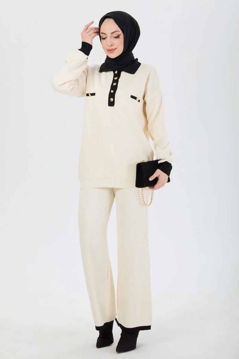 Tofisa 24220-CREAM Metal Button Detailed Tunic Trousers Knitwear Set