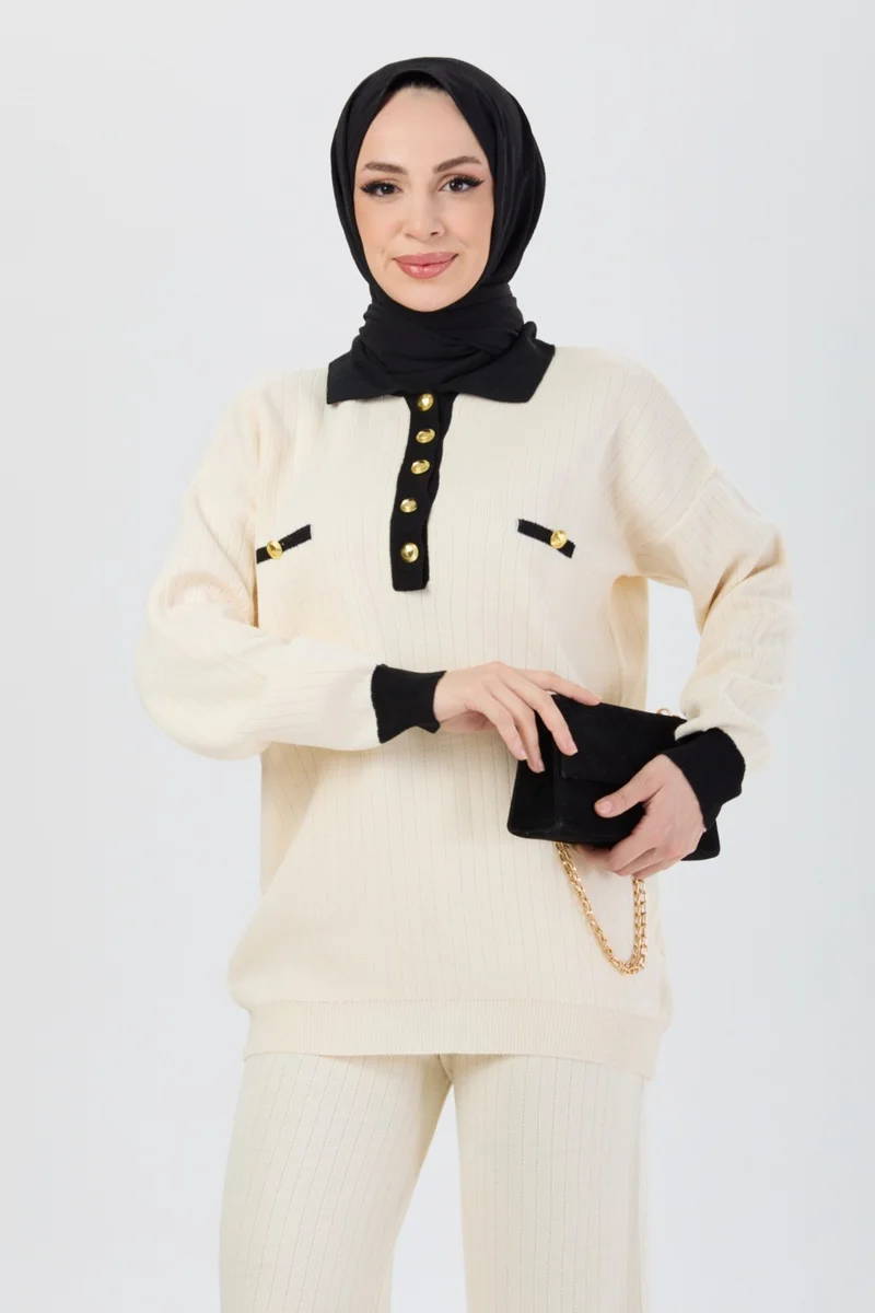 Tofisa 24220-CREAM Metal Button Detailed Tunic Trousers Knitwear Set
