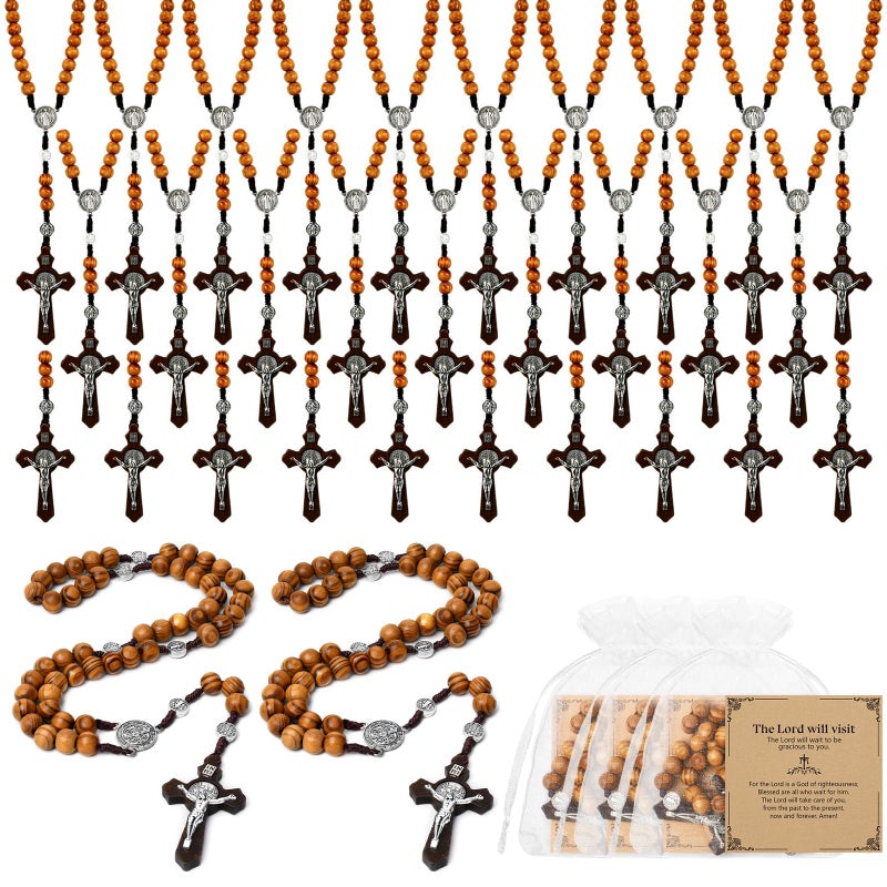 Taikula 30 PCs Wooden Rosary Necklace Rosary Beads Catholic Handmade Beads Necklace Prayer Holy Soil Medal and Metal Cross For Catholic Or Christian Gift Pouch Baptism Favors Gift - Image 2